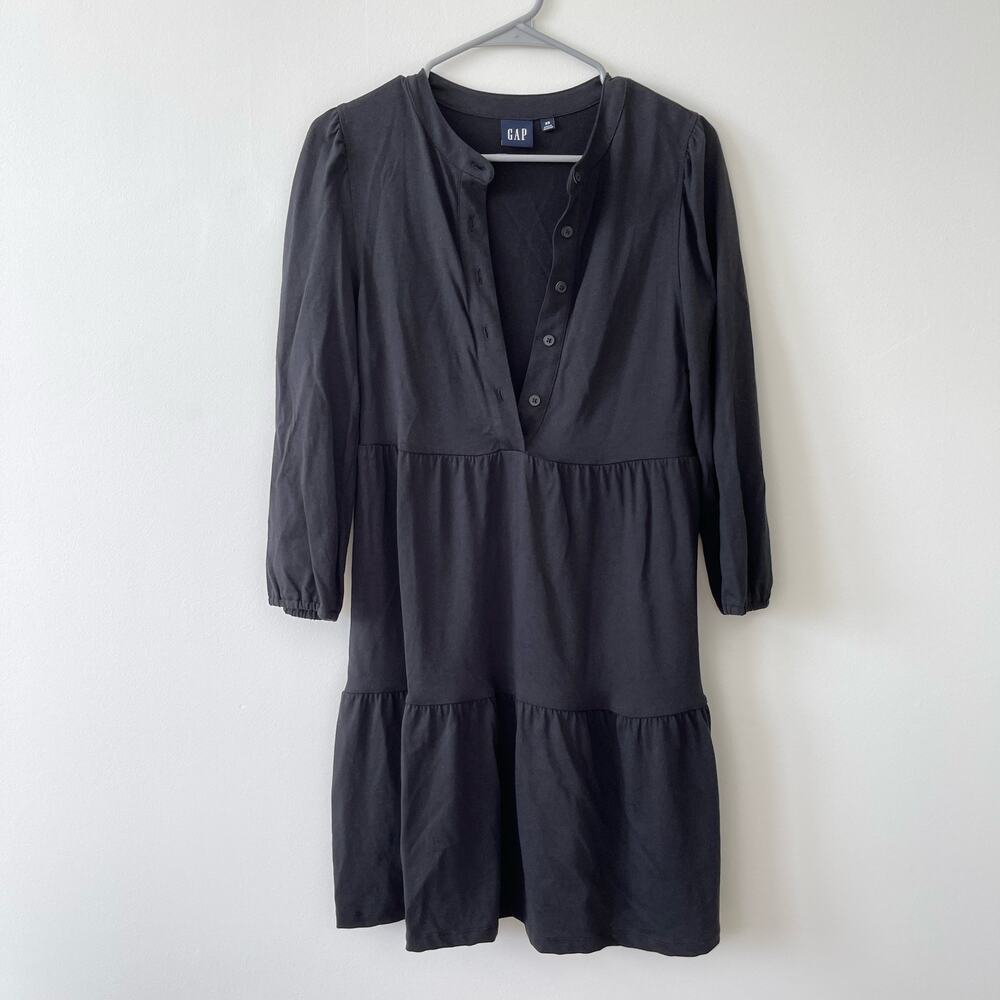 New Gap Cotton Long Sleeve Tiered Knee Length Shift Shirt Dress in Black Size XS